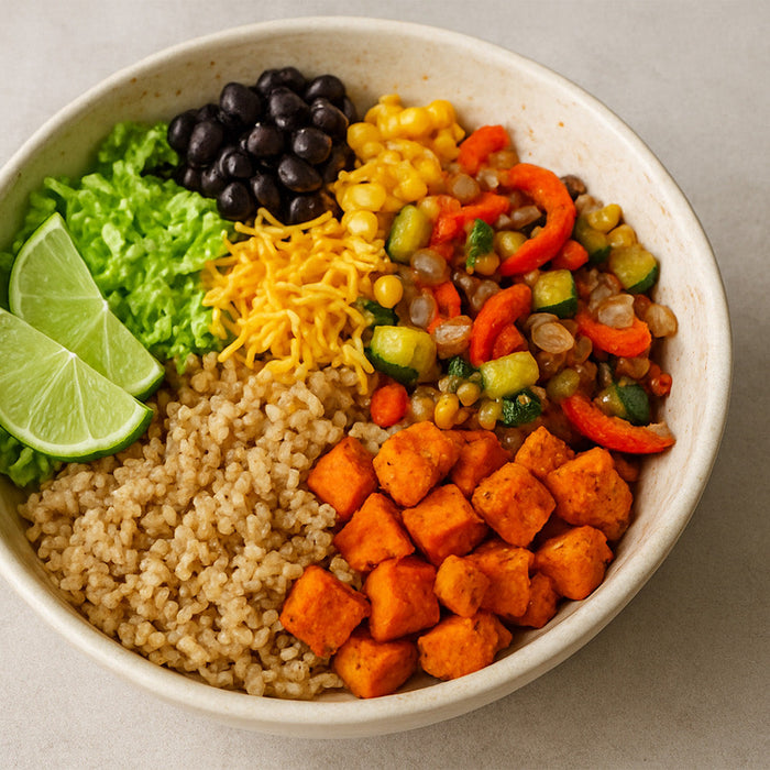 Taco bowl served in a white bowl on a white countertop