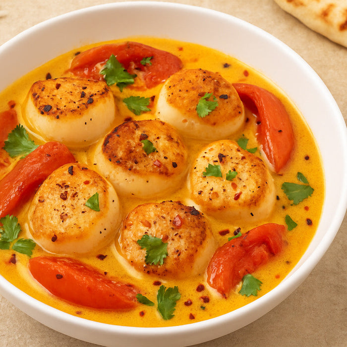 Spicy Coconut Curry Scallops in a white bowl