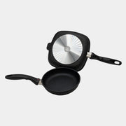 XD Nonstick 8" Fry Pan and 9.5"x 9.5" Grill Pan Set angled top view one pan showing bottom